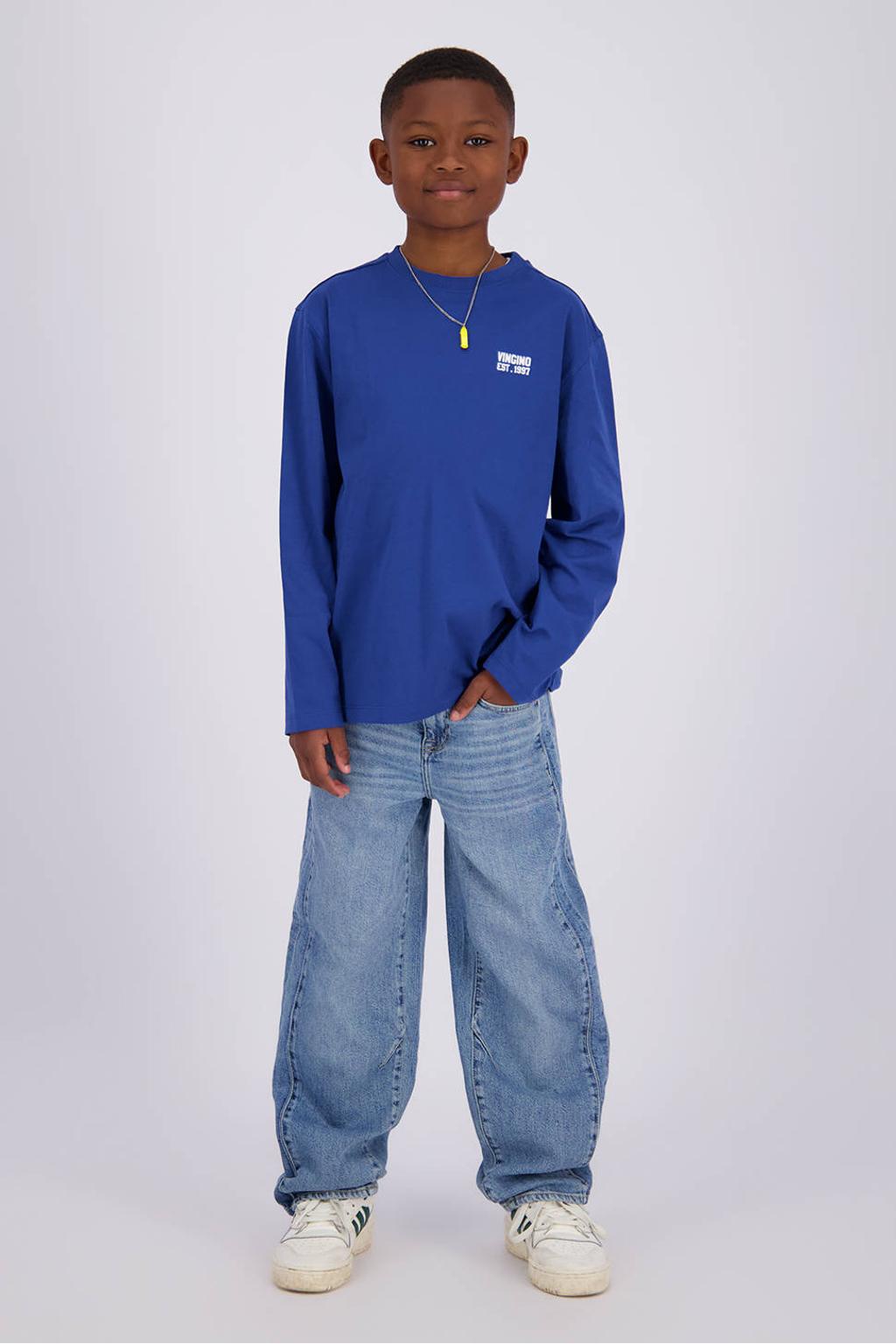 Blauwe jongens Vingino longsleeve van katoen met effen, lange mouwen en ronde hals