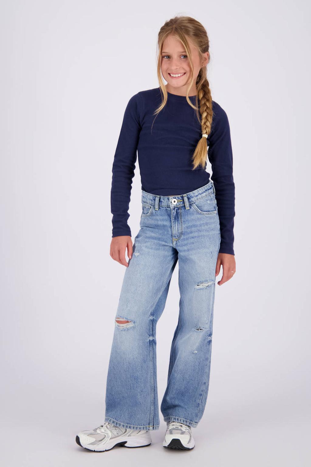 Donkerblauwe meisjes Vingino longsleeve van stretchkatoen met effen, lange mouwen, ronde hals en rib gebreide details