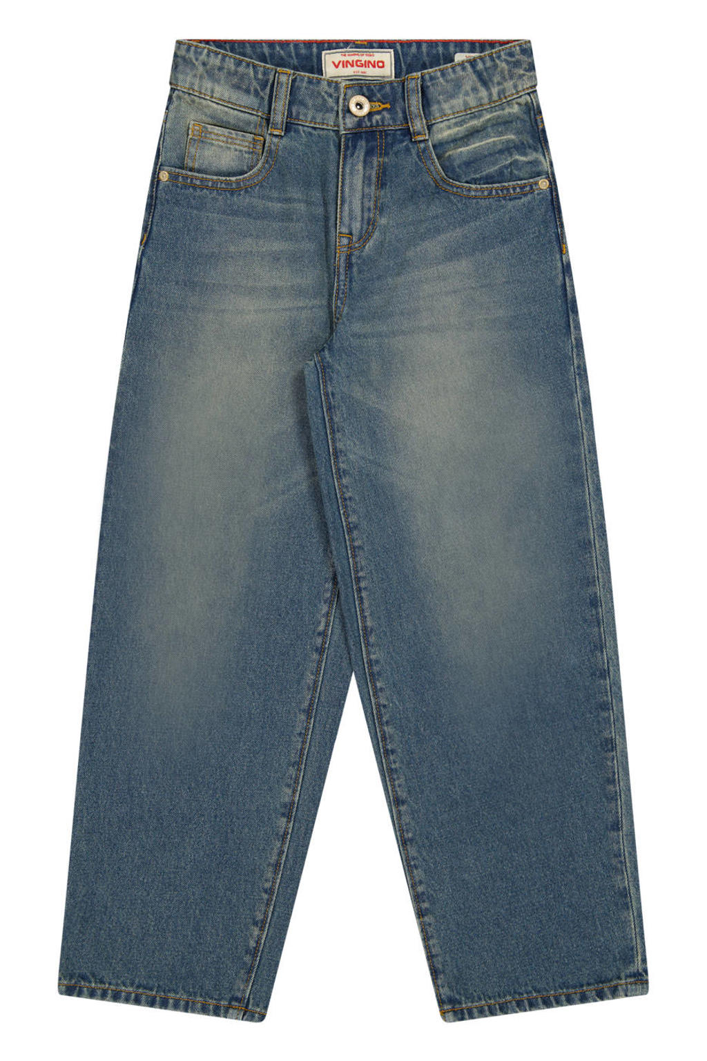 Medium blue denim jongens Vingino Kent baggy jeans van denim met regular waist, rits- en knoopsluiting en effen