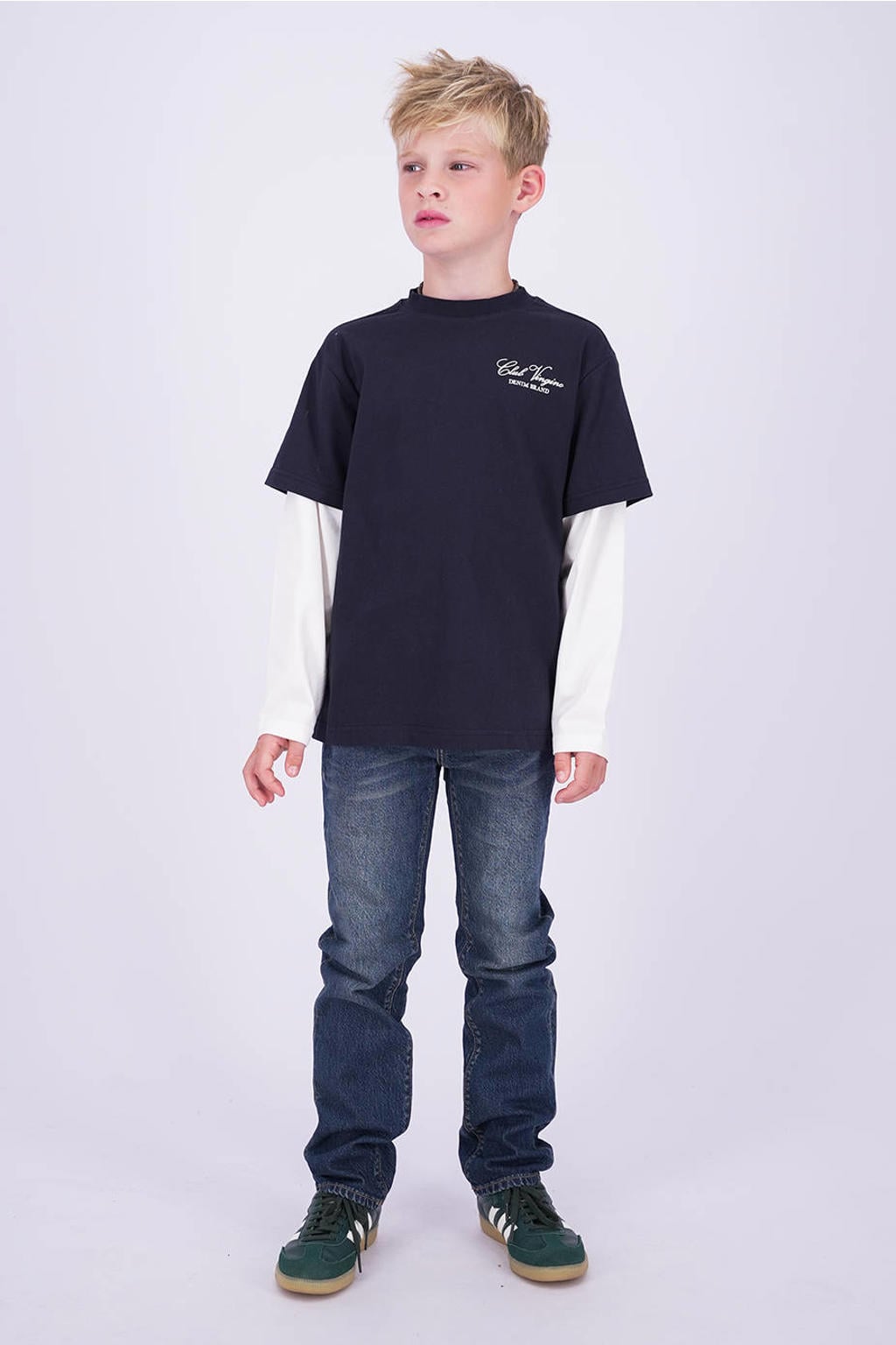 Dark blue denim jongens Vingino Bruno regular fit jeans van denim met effen