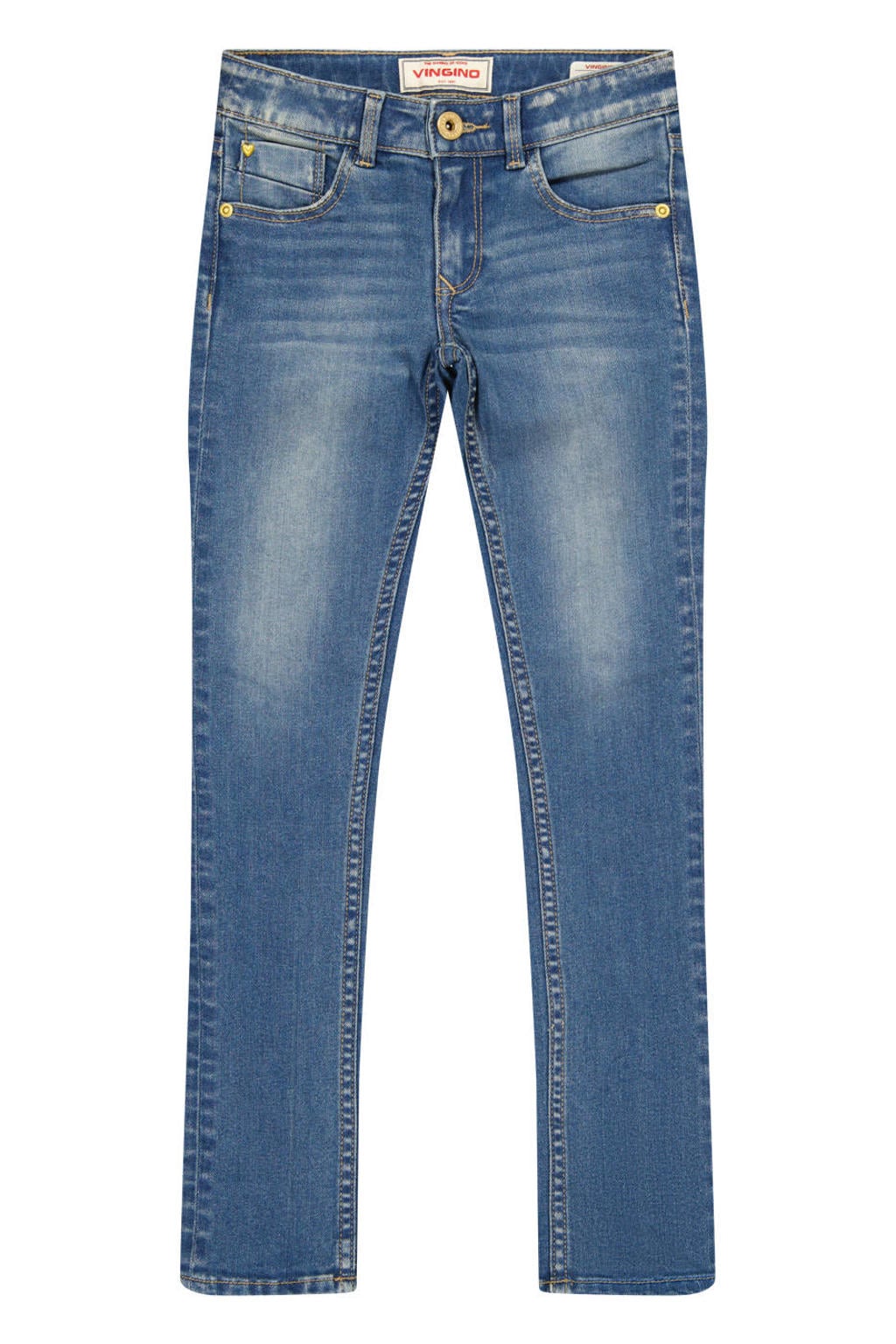Light blue denim meisjes Vingino Alice skinny jeans van denim met high waist, rits- en knoopsluiting en effen