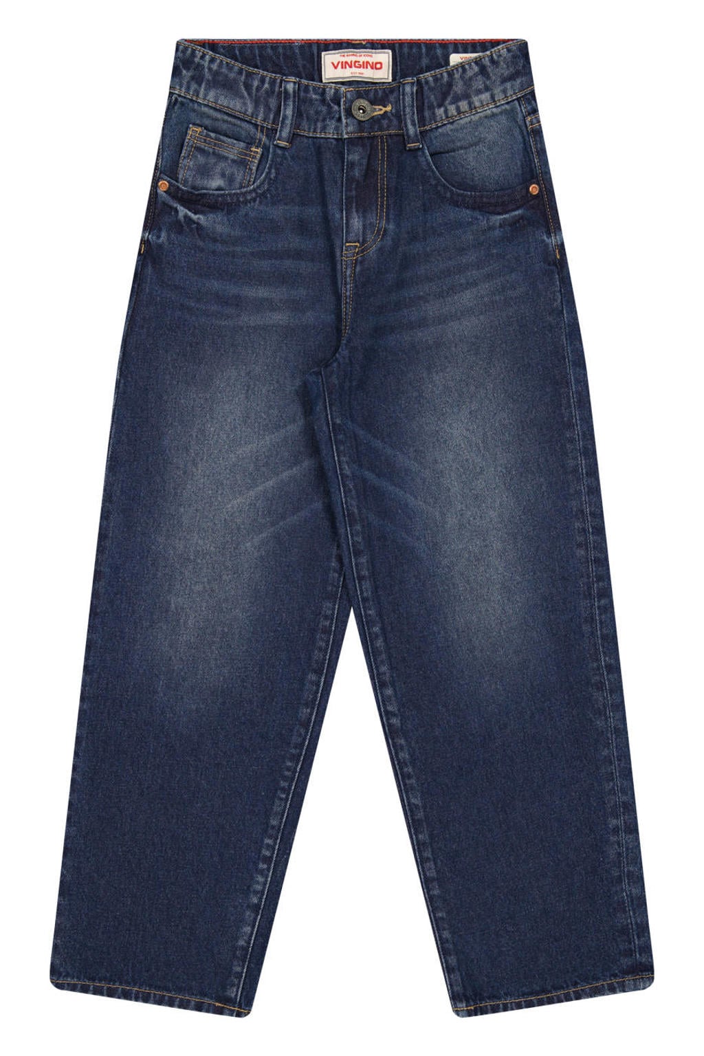 Dark blue denim jongens Vingino Kent baggy jeans dark blue van denim met rits- en knoopsluiting en effen