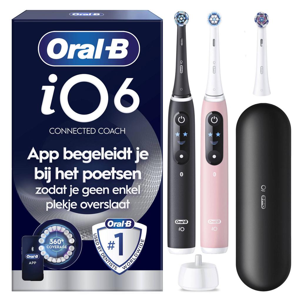 Oral-B iO 6 elektrische tandenborstels - dubbelpak - zwart en roze - 3 opzetborstels - premium reisetui
