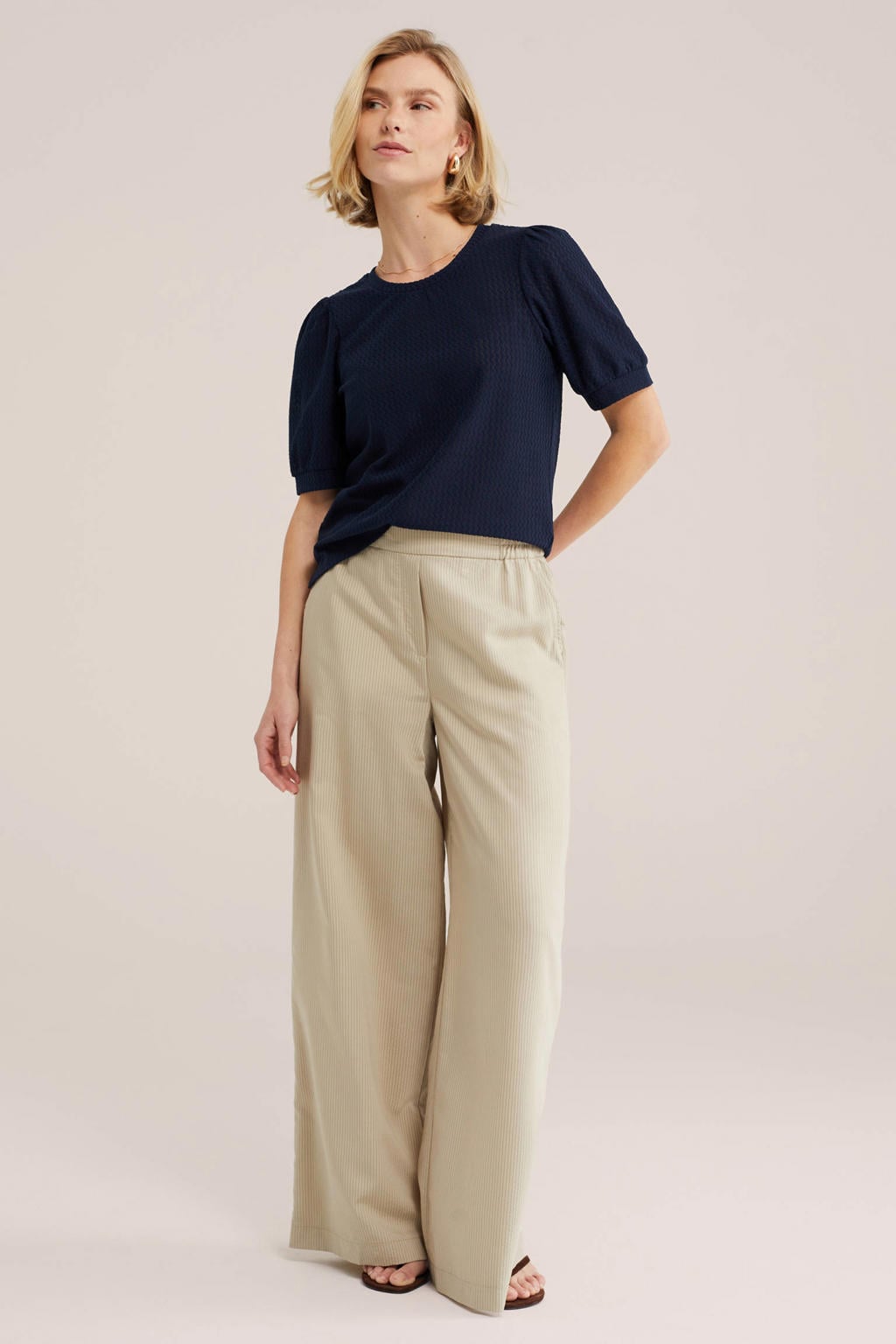 Blauwe dames WE Fashion top van polyester met effen, korte mouwen en ronde hals