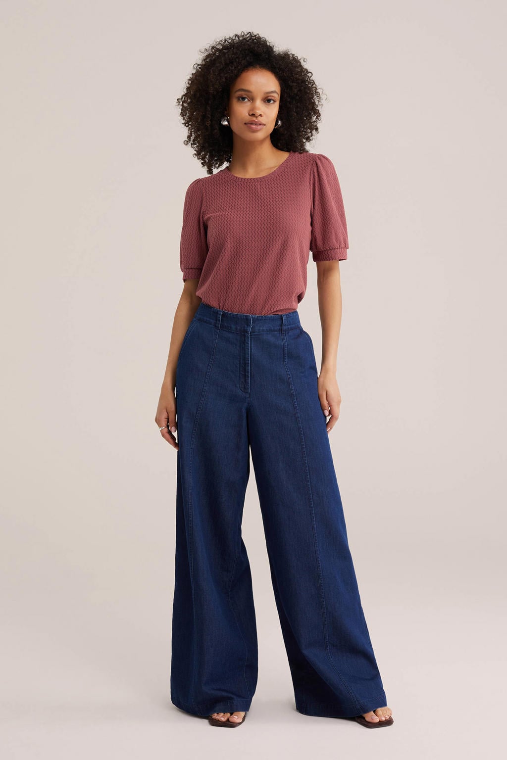 Oudroze dames WE Fashion top van polyester met effen, korte mouwen en ronde hals