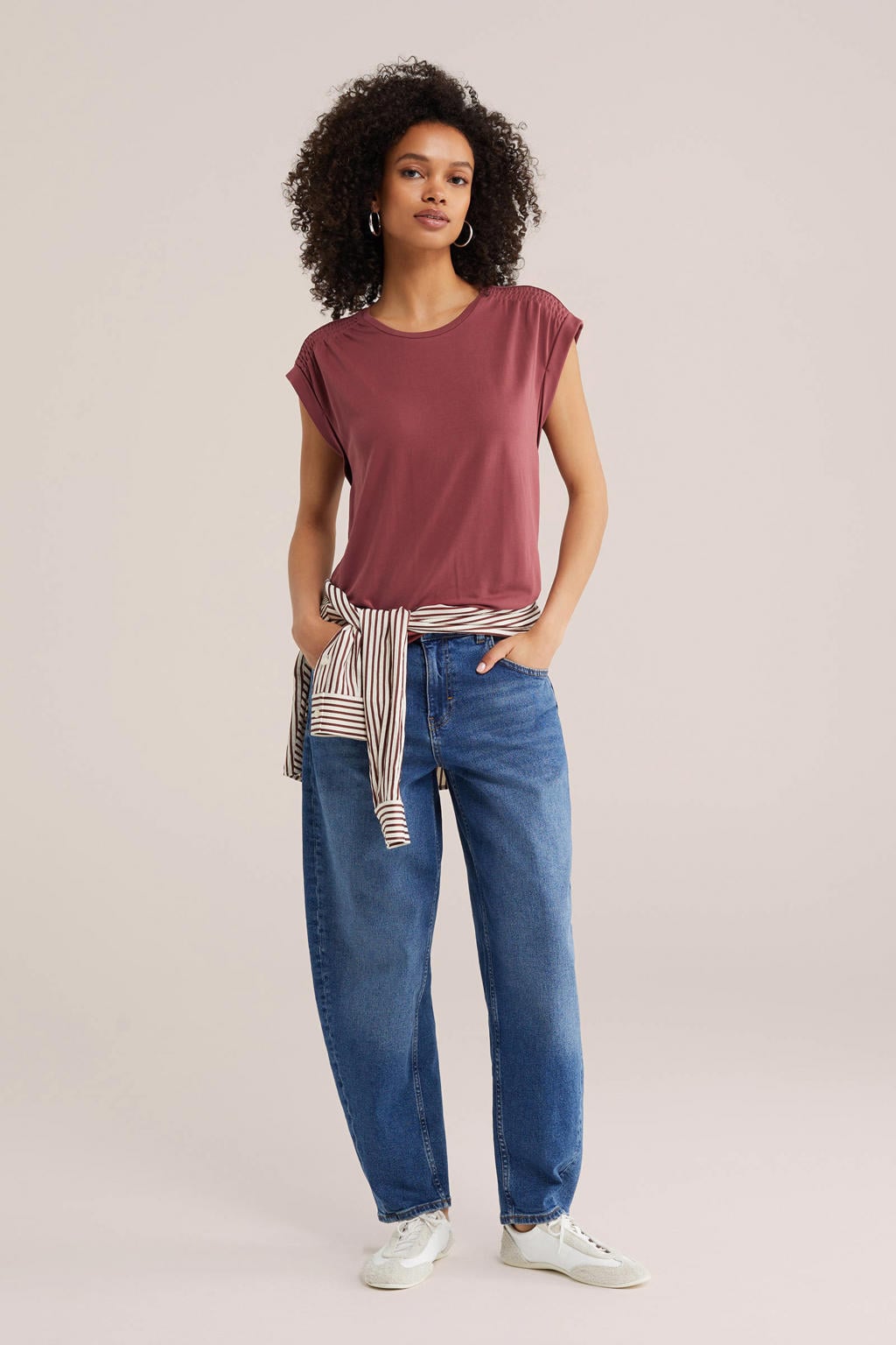Oudroze dames WE Fashion top van viscose met effen en ronde hals