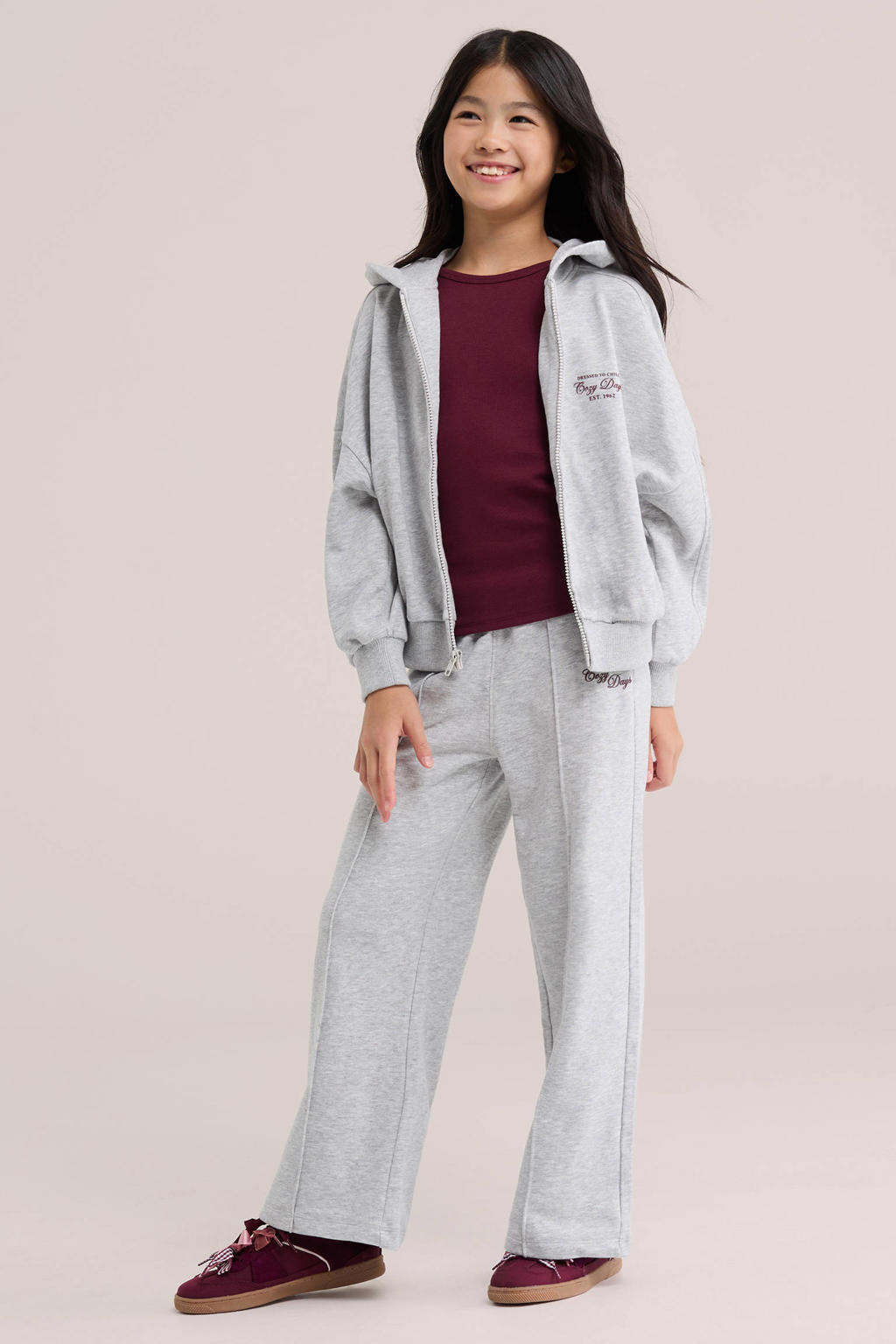 Grijs melange meisjes WE Fashion wide leg sweatpant van katoen met effen