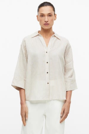 loose fit blouse met krijtstreep en linnen - beige