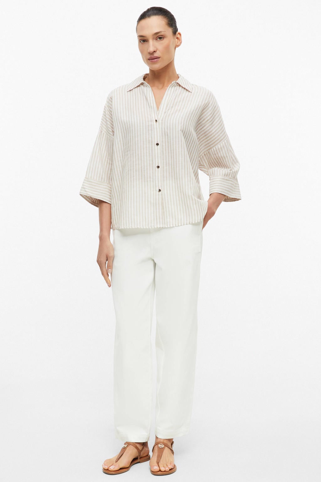 s.Oliver BLACK LABEL loose fit blouse met krijtstreep en linnen - beige