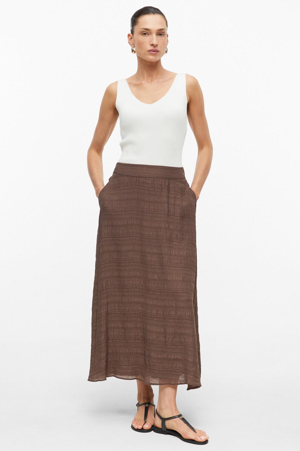 Bruine dames s.Oliver BLACK LABEL viscose regular fit midi rok voorzien van elastische tailleband