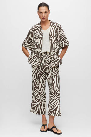 wide leg broek met zebraprint en linnen - bruin