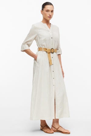gestreepte midi blousejurk met driekwart mouwen en linnen - beige