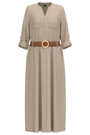 gestreepte midi blousejurk met driekwart mouwen en linnen - beige