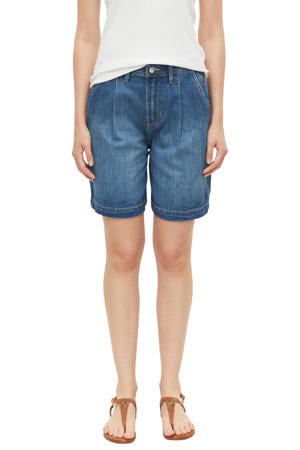 loose fit denim short met plooien - mediumblauw