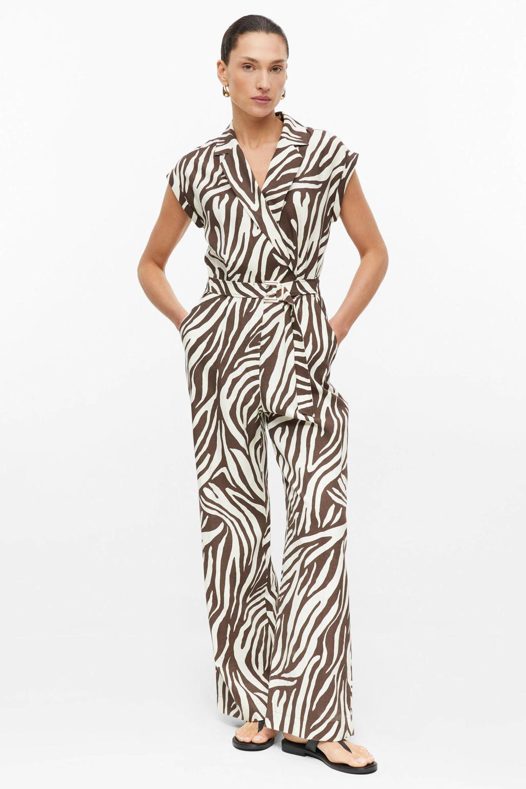 s.Oliver BLACK LABEL regular fit jumpsuit met ceintuur, zebraprint en linnen - bruin