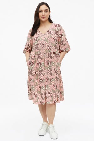 relaxed fit midi jurk Plus Size met pofmouwen en print - roze