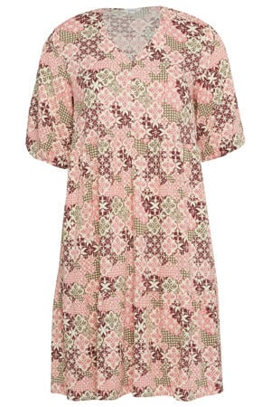 relaxed fit midi jurk Plus Size met pofmouwen en print - roze