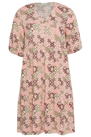 relaxed fit midi jurk Plus Size met pofmouwen en print - roze