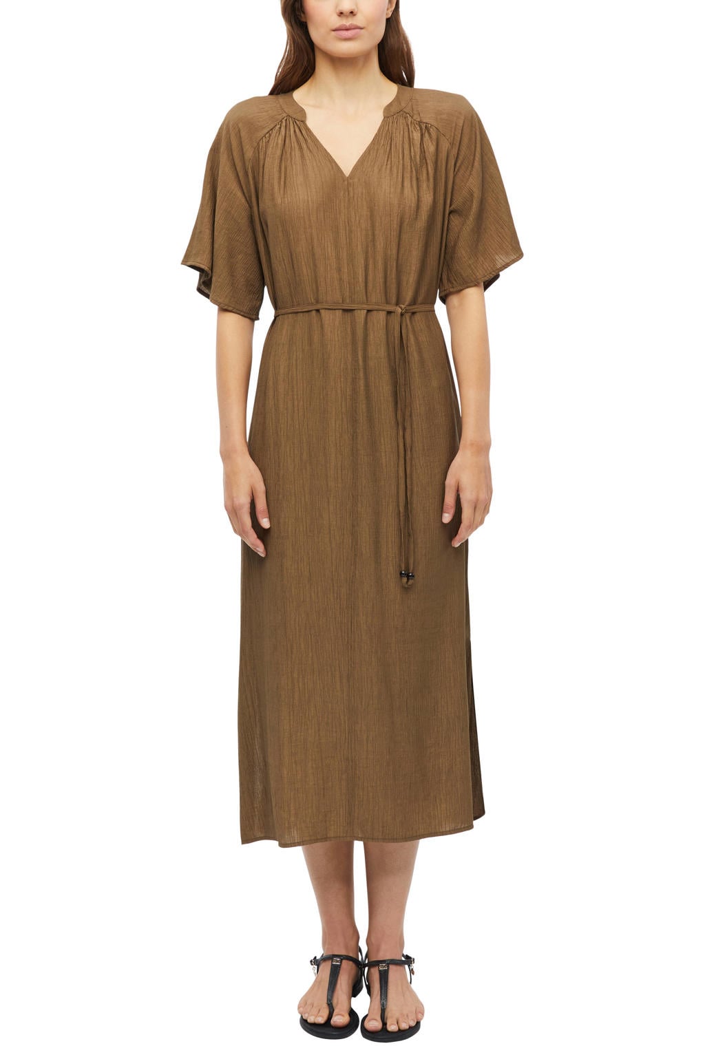 s.Oliver viscose midi jurk met ceintuur - bruin