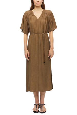 viscose midi jurk met ceintuur - bruin