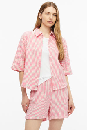 oversized gestreepte blouse met vleermuismouwen en overhemdkraag - roze