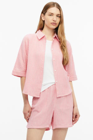 oversized gestreepte blouse met vleermuismouwen en overhemdkraag - roze