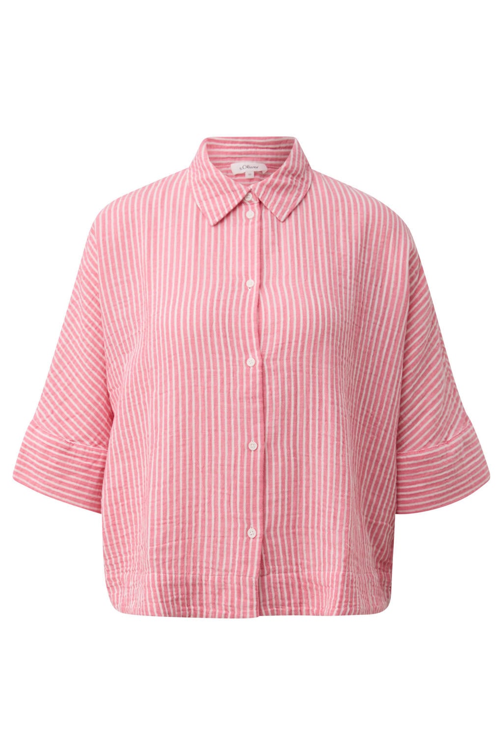 Roze en ecru dames s.Oliver oversized gestreepte blouse en overhemdkraag met half lange mouwen, klassieke kraag en knoopsluiting
