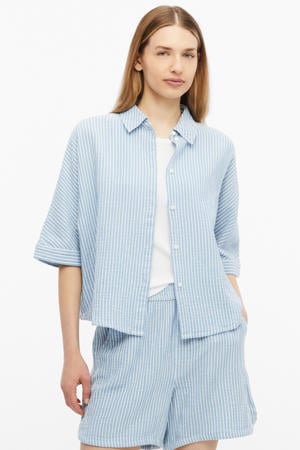 oversized gestreepte blouse met vleermuismouwen en overhemdkraag - lichtblauw