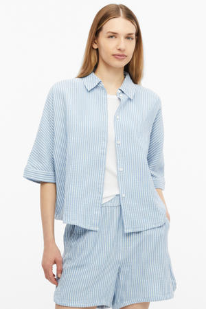 oversized gestreepte blouse met vleermuismouwen en overhemdkraag - lichtblauw