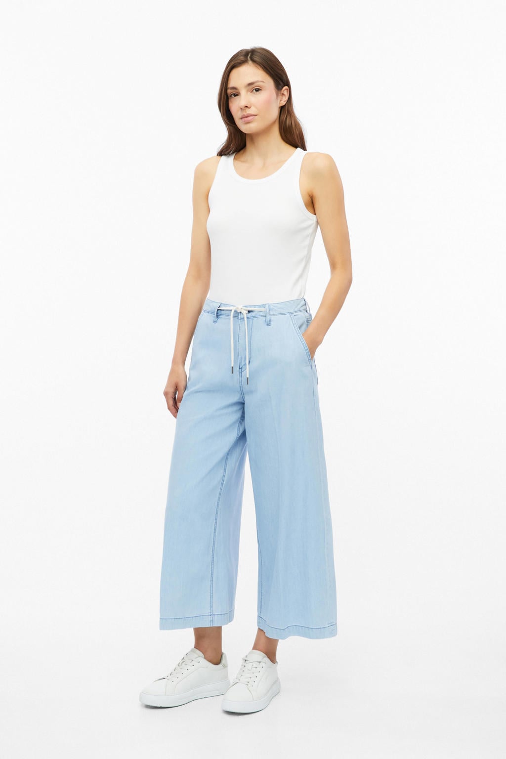 Light blue denim dames s.Oliver high waist cropped wide leg jeans van denim met rits- en knoopsluiting en effen