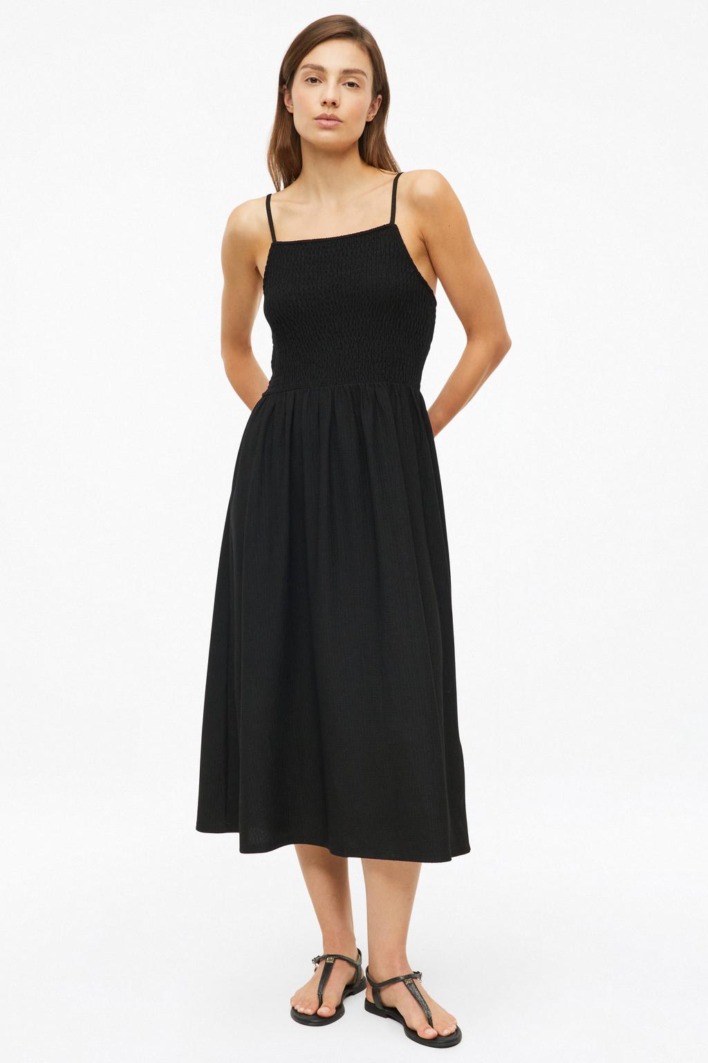 Zwarte dames s.Oliver slim fit midi jurk van polyester met effen, spaghettibandjes, vierkante hals en elastische inzet