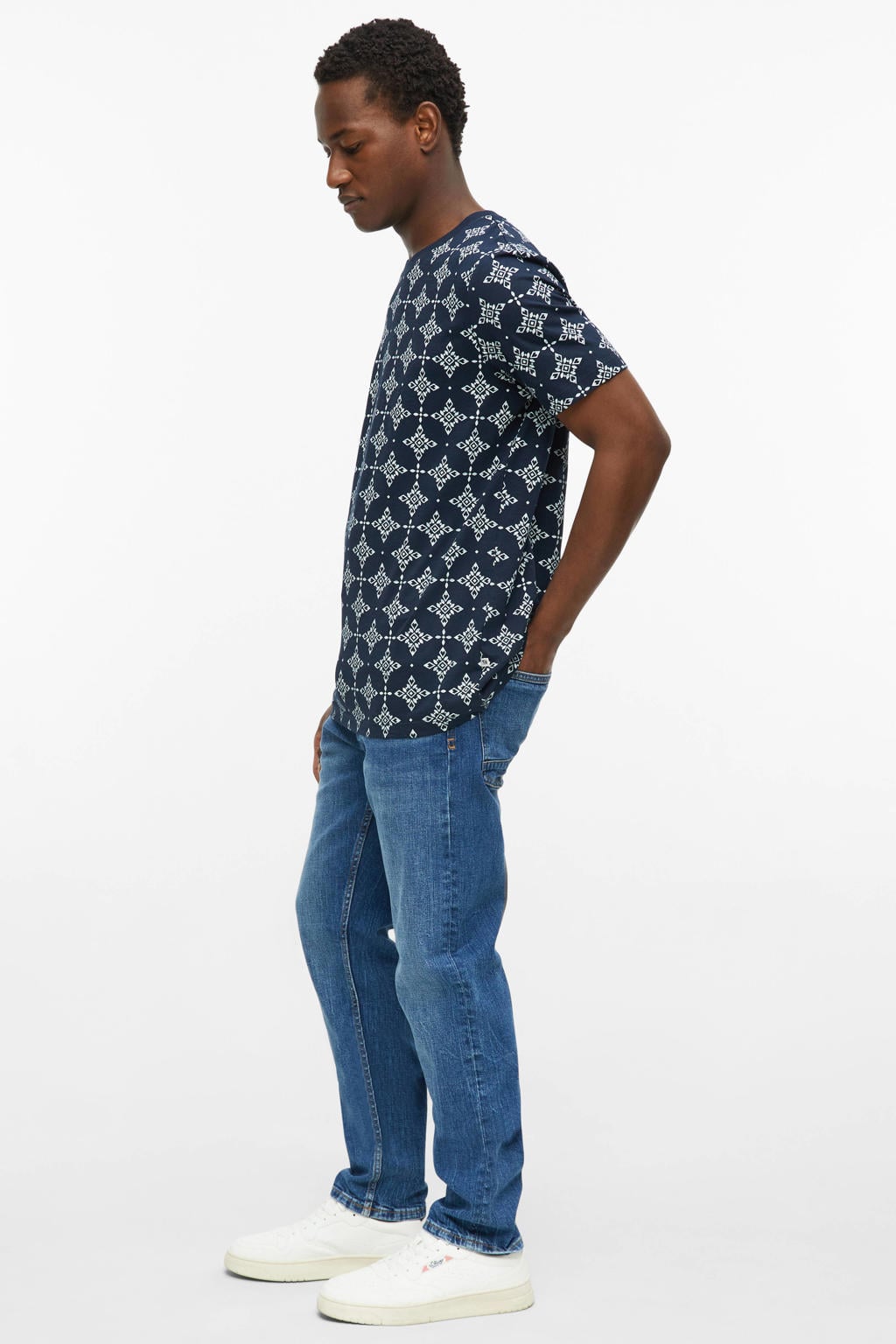 Blauwe heren s.Oliver regular fit T-shirt van katoen met bladprint, korte mouwen en ronde hals