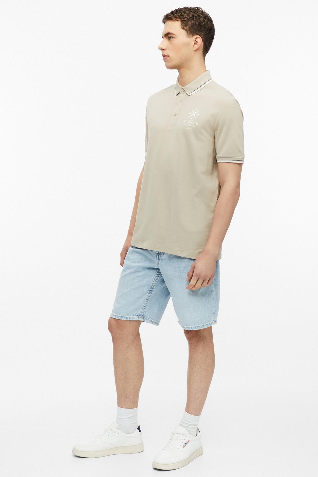 Beige heren s.Oliver regular fit polo van katoen met effen en korte mouwen