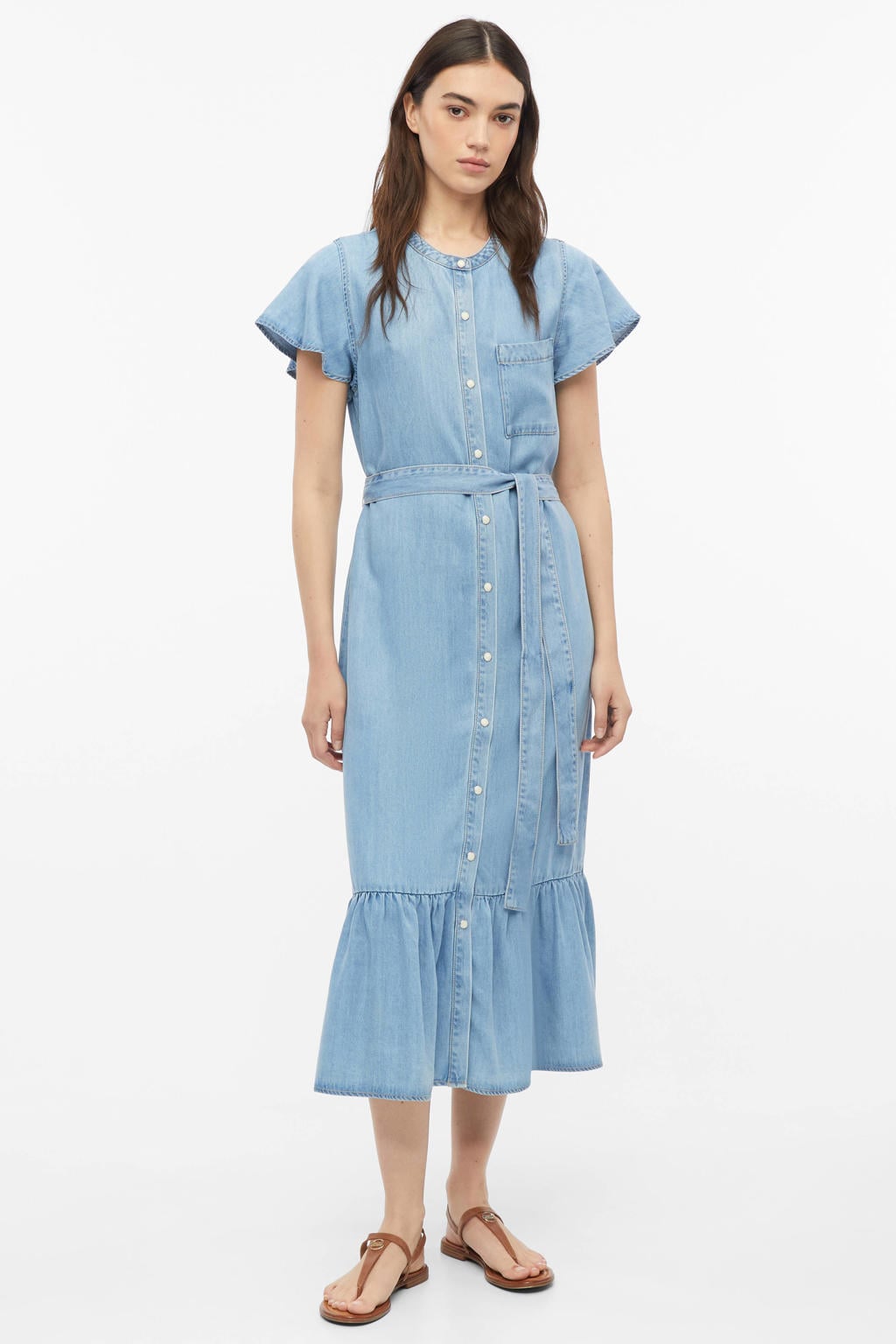 Light blue denim dames s.Oliver relaxed fit midi jurk van denim met effen, korte mouwen en ronde hals
