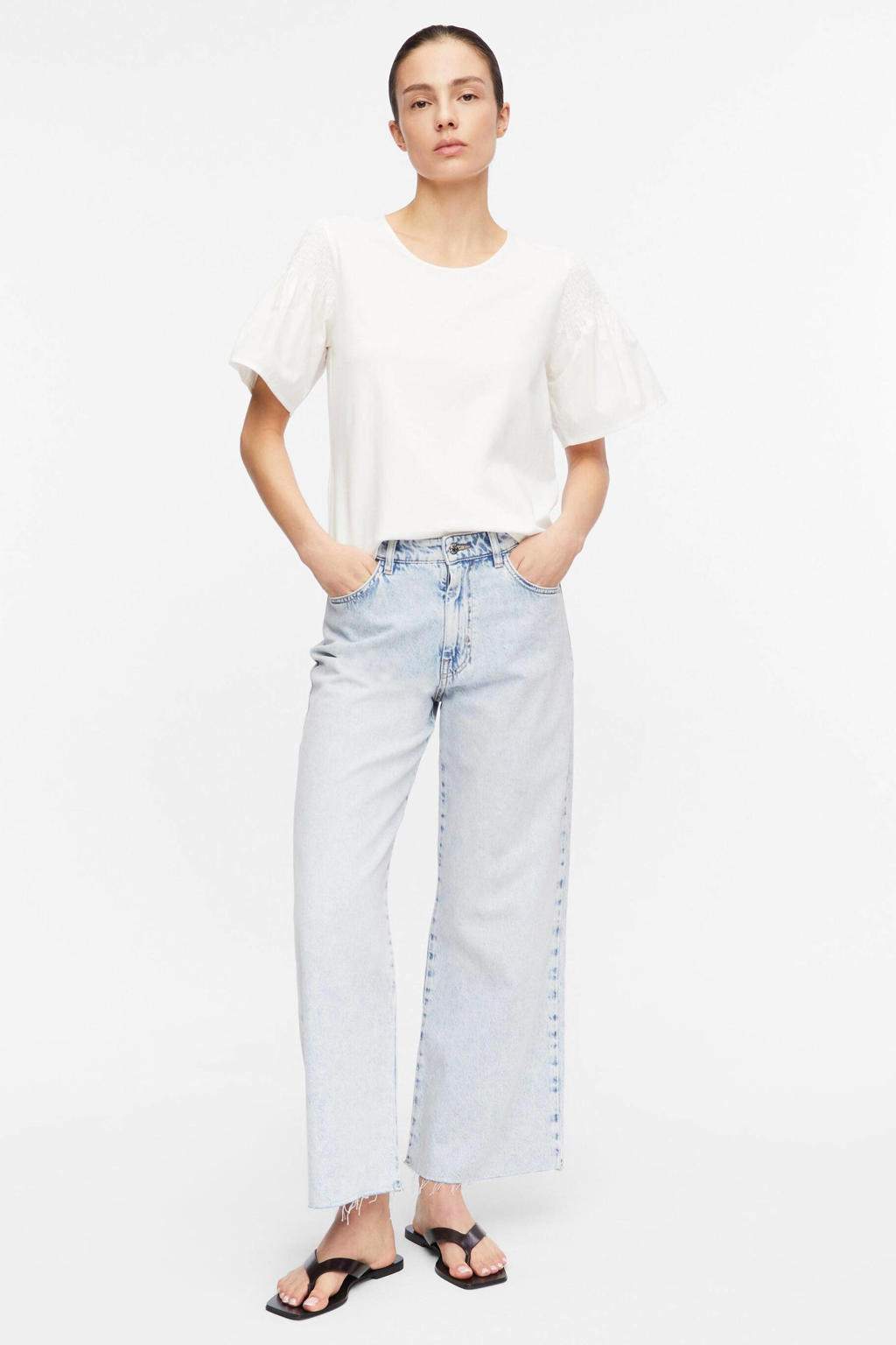 Witte dames comma relaxed fit top met effen, half lange mouwen en ronde hals