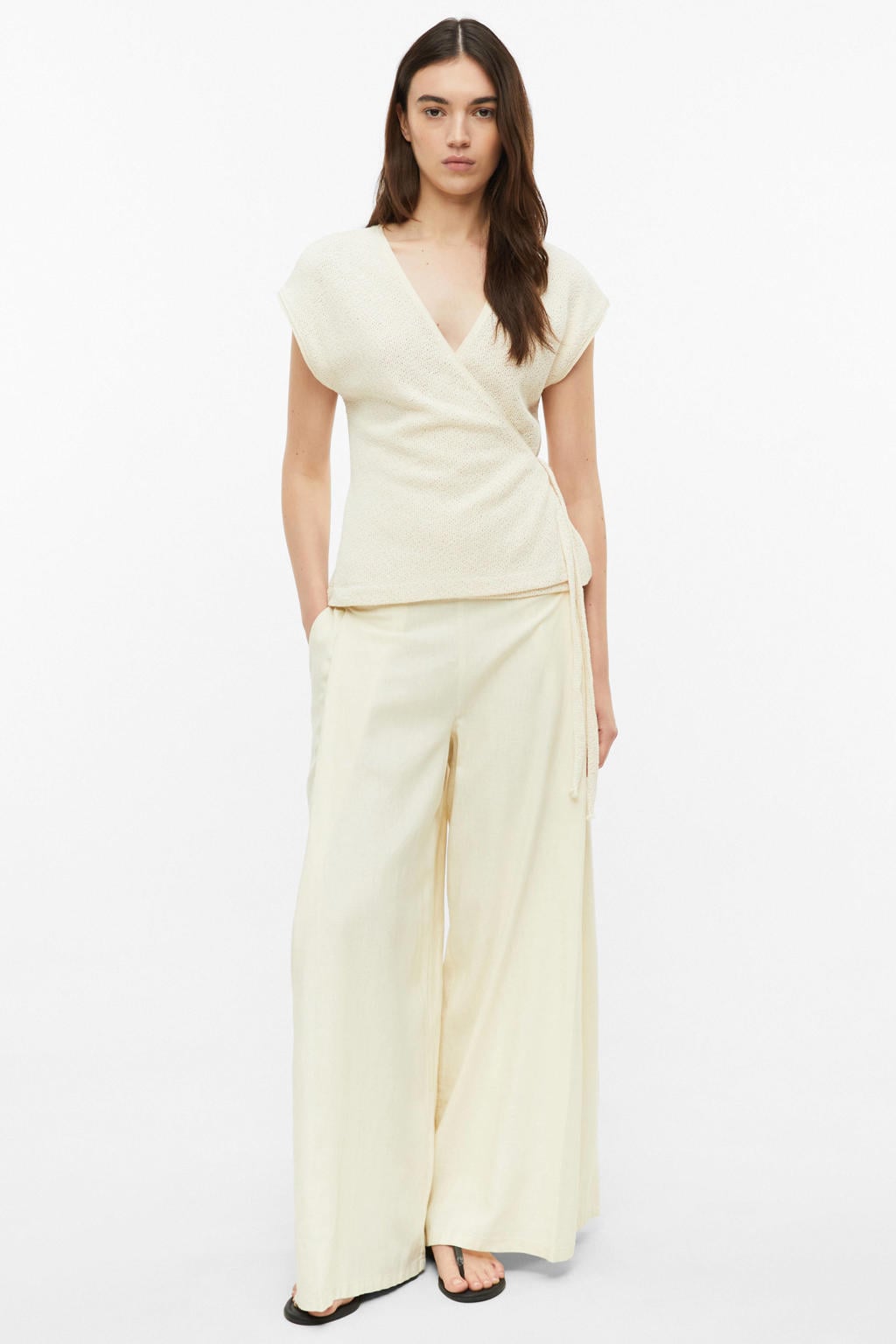 Ecru dames s.Oliver palazzo broek van linnen met wijde pijpen, high waist, elastische inzet en effen