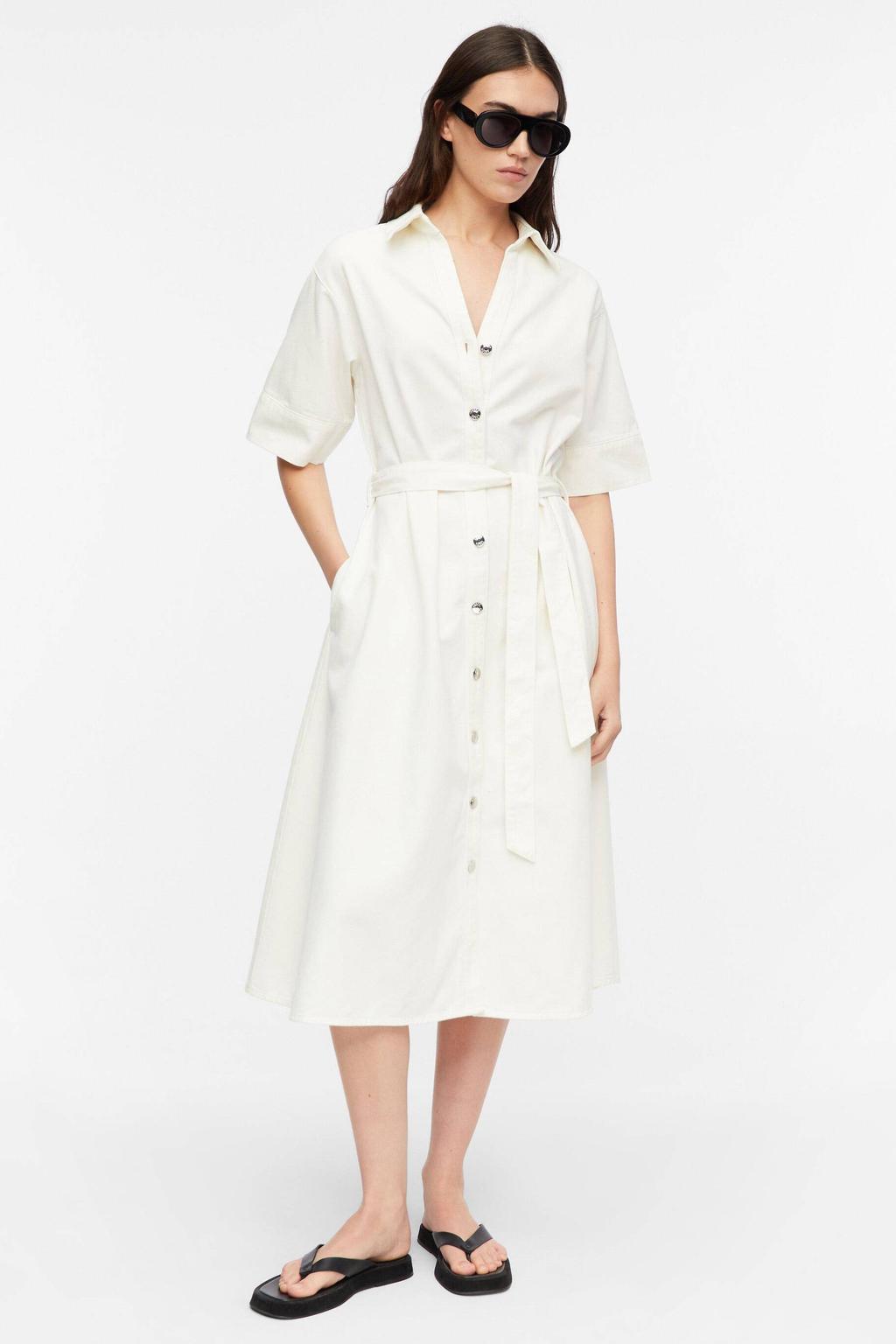 Witte dames comma relaxed fit blousejurk van katoen met effen, driekwart mouwen en klassieke kraag