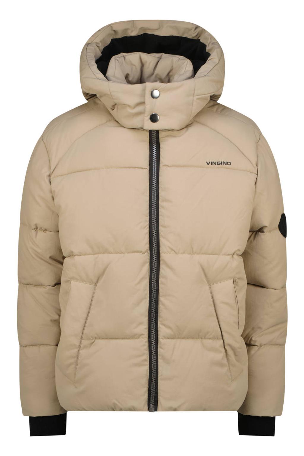 Beige jongens Vingino gewatteerde winterjas van polyamide met effen, lange mouwen, capuchon en ritssluiting