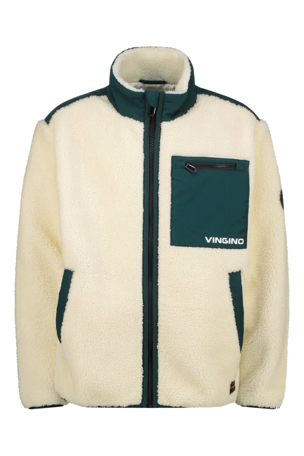 Ecru en donkergroene jongens Vingino teddy winterjas van polyester met meerkleurige print, lange mouwen, opstaande kraag en ritssluiting