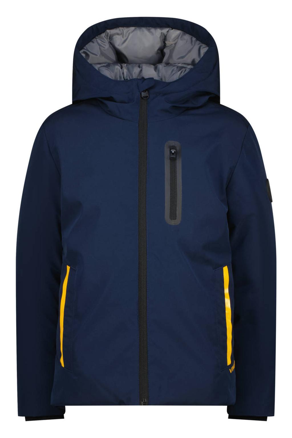 Donkerblauwe jongens Vingino gewatteerde winterjas van polyester met effen, lange mouwen, capuchon en ritssluiting