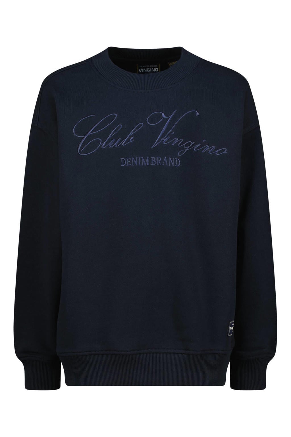 Donkerblauwe jongens Vingino sweater met tekst print, lange mouwen, ronde hals en borduursels