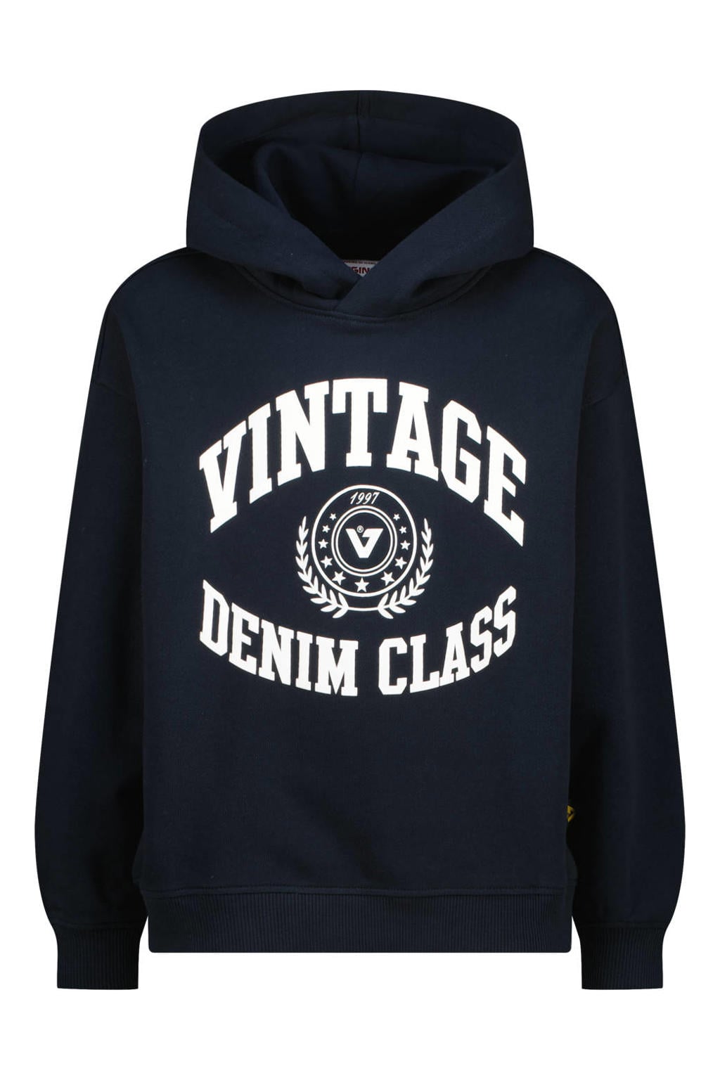 Donkerblauwe jongens Vingino hoodie van sweat materiaal met printopdruk, lange mouwen en capuchon