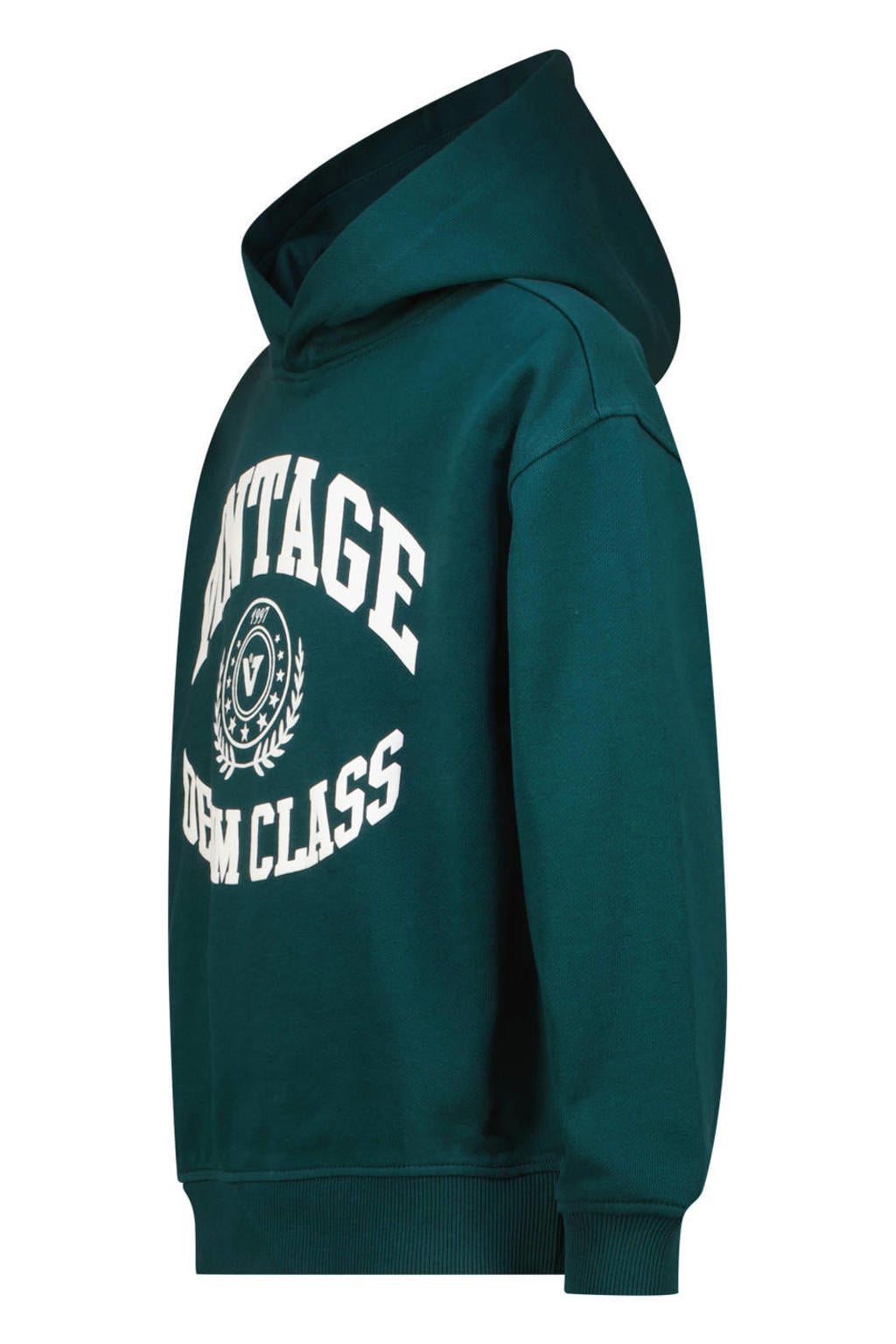 Donkergroene jongens Vingino hoodie van sweat materiaal met printopdruk, lange mouwen en capuchon