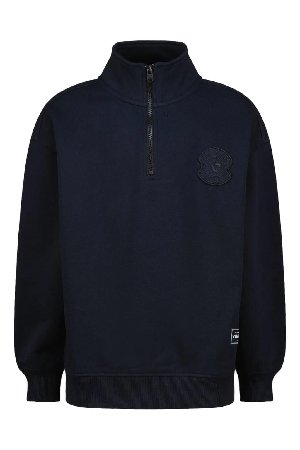Donkerblauwe jongens Vingino sweater met effen, lange mouwen, opstaande kraag, halve rits en geribde boorden