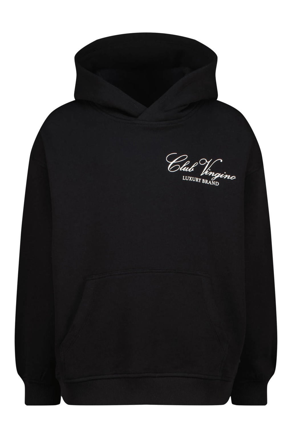 Zwarte jongens Vingino hoodie van sweat materiaal met backprint, lange mouwen en capuchon