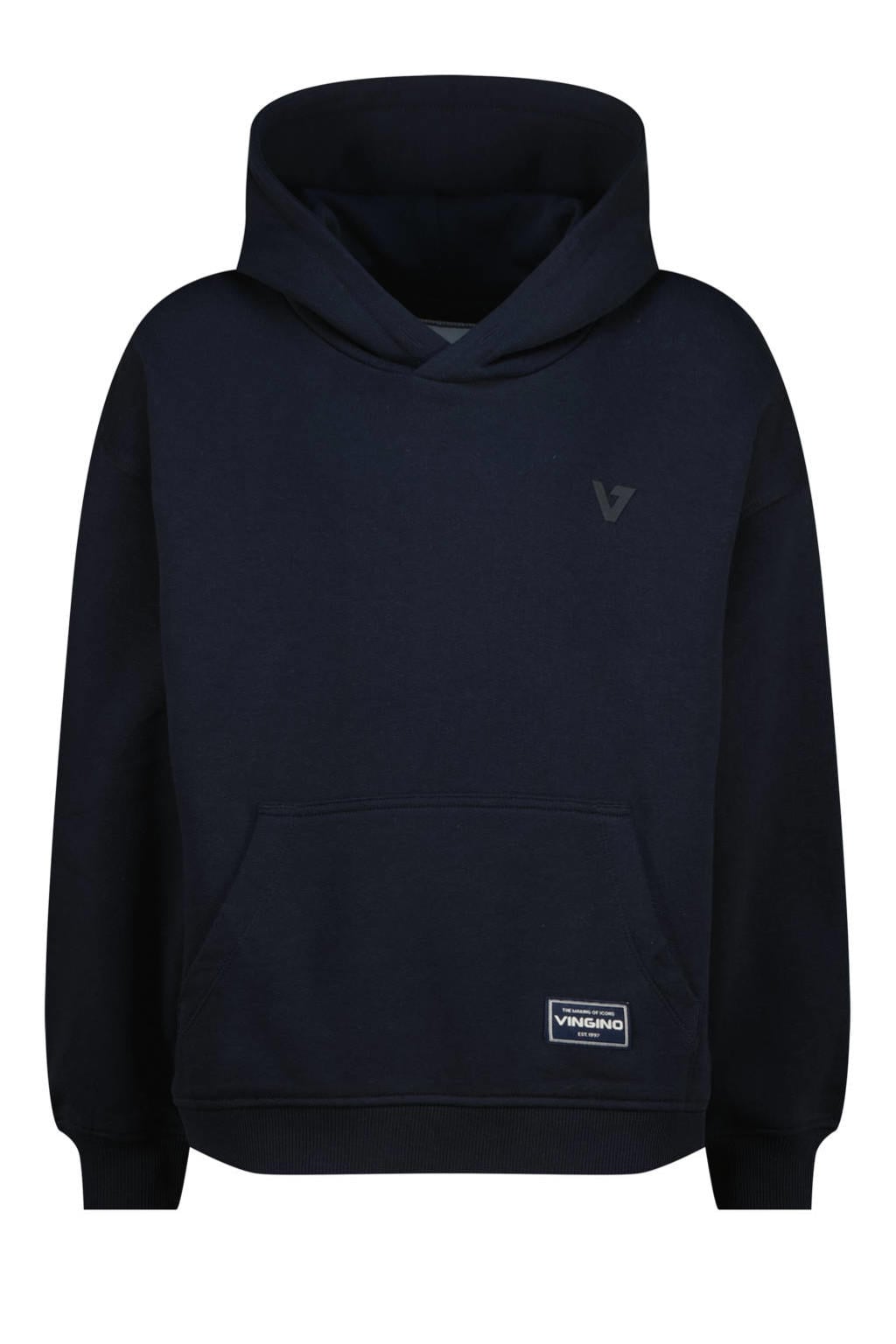 Donkerblauwe jongens Vingino hoodie van sweat materiaal met effen, lange mouwen en capuchon
