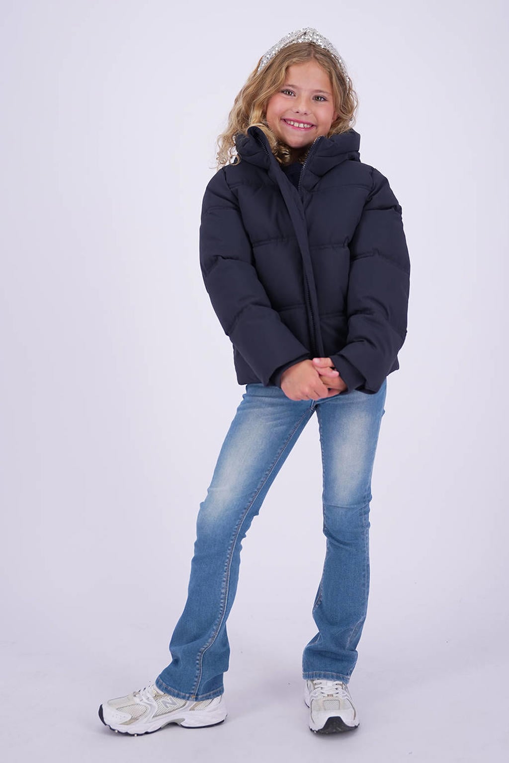 Donkerblauwe meisjes Vingino pufferjas van polyester met effen, lange mouwen, capuchon en ritssluiting
