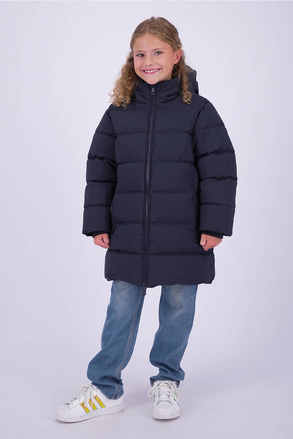 Donkerblauwe meisjes Vingino pufferjas van polyester met effen, lange mouwen, capuchon en ritssluiting