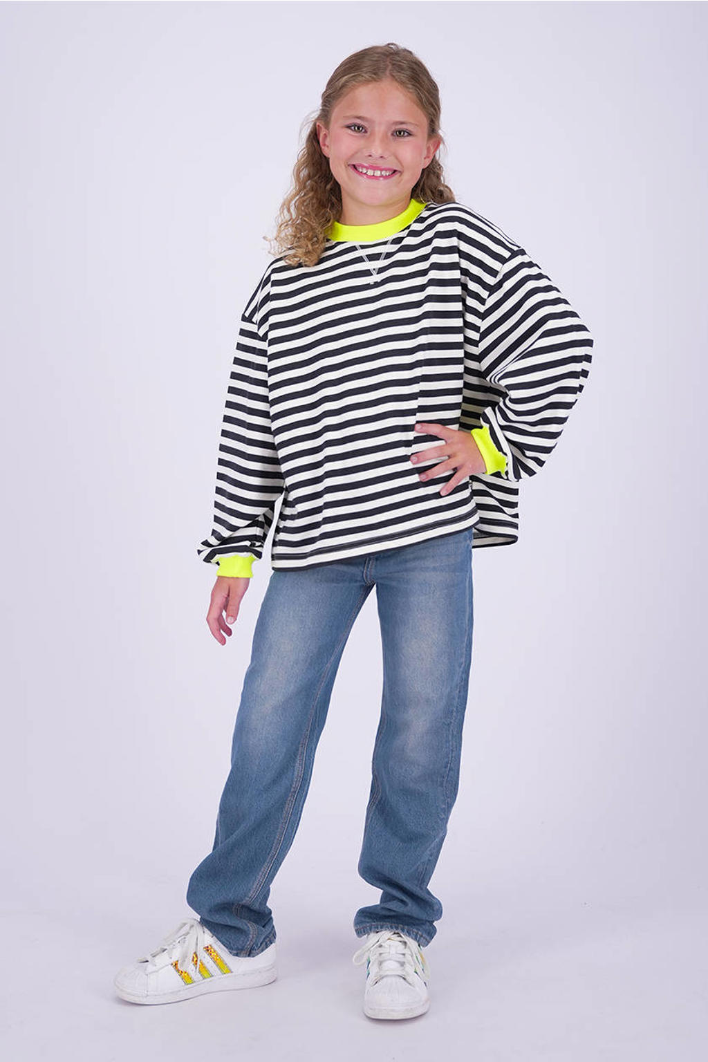 Vingino gestreepte sweater - zwart/ecru/neongeel
