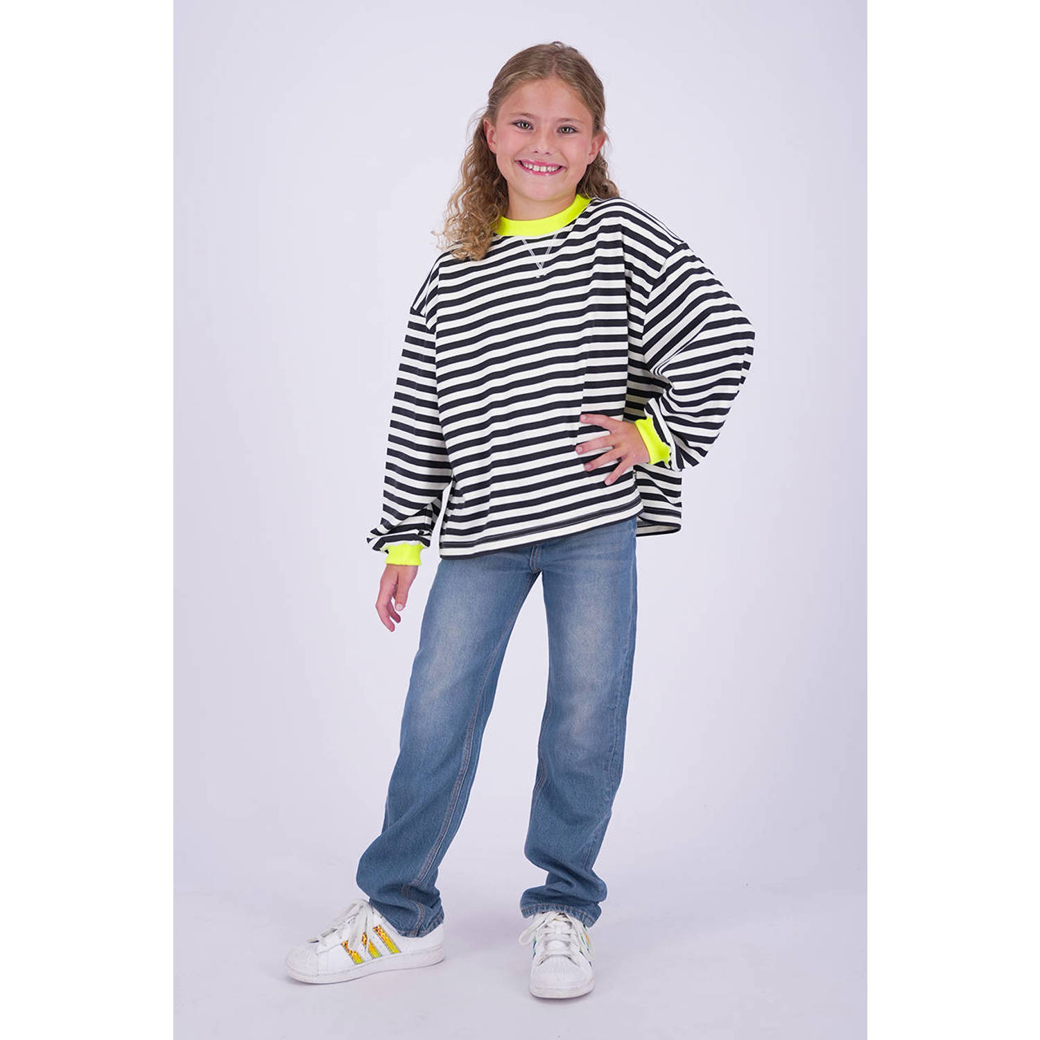 Vingino gestreepte sweater zwart ecru neongeel